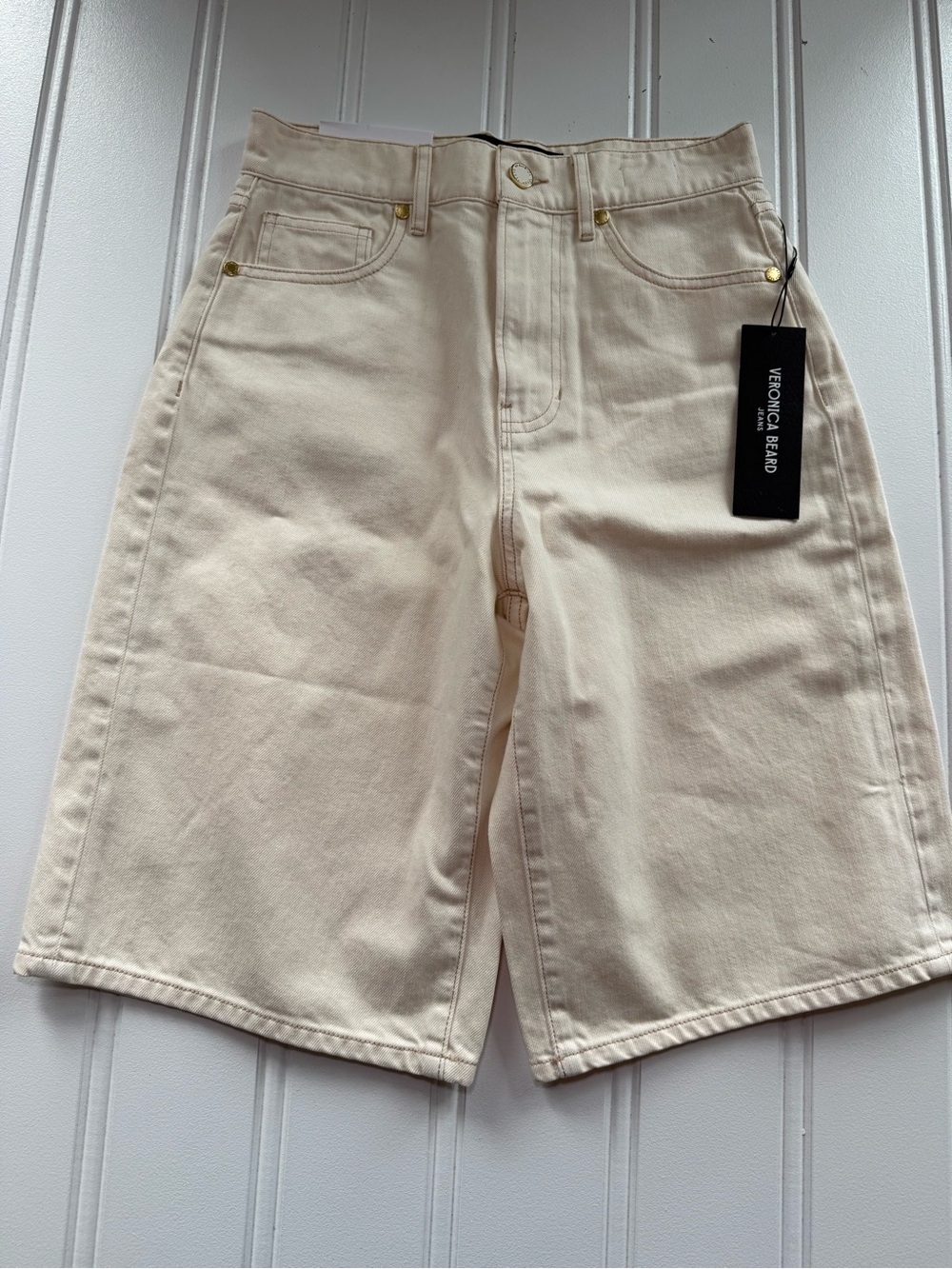VERONICA BEARD JEANS Charlotte Longline Denim Short High Rise 26 Ivory NEW